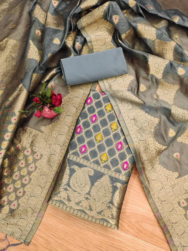 Grey_Chanderi_Banarasi_Cotton_Weaving_Unstitched_Kurta_Set_For_Women