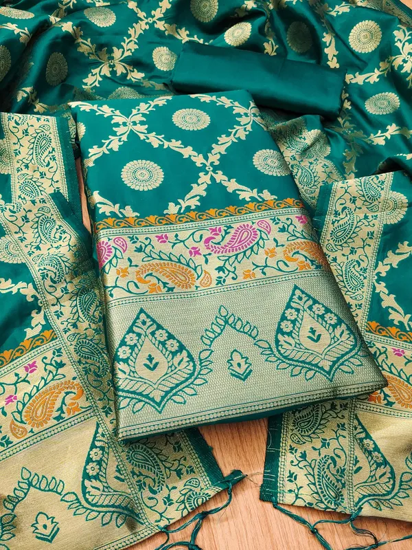 Teal_Soft_Litchi_Banarasi_Silk_Weaving_Unstitched_Kurta_Set_For_Women