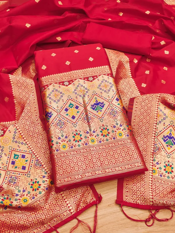 Red_Soft_Litchi_Banarasi_Silk_Weaving_Unstitched_Kurta_Set_For_Women