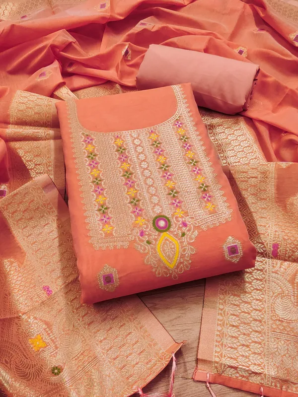 Peach_Chanderi_Banarasi_Cotton_Weaving_Unstitched_Kurta_Set_For_Women