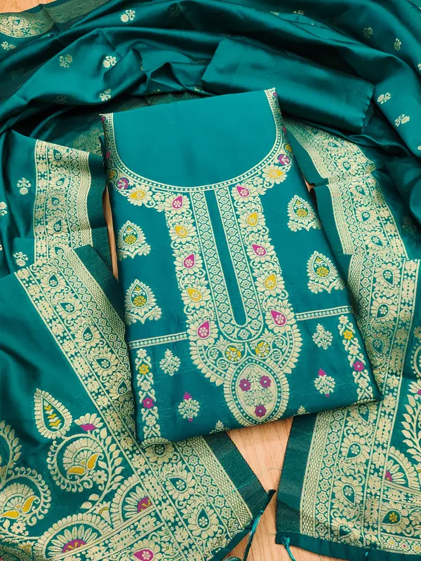 Teal_Soft_Litchi_Banarasi_Silk_Weaving_Unstitched_Kurta_Set_For_Women