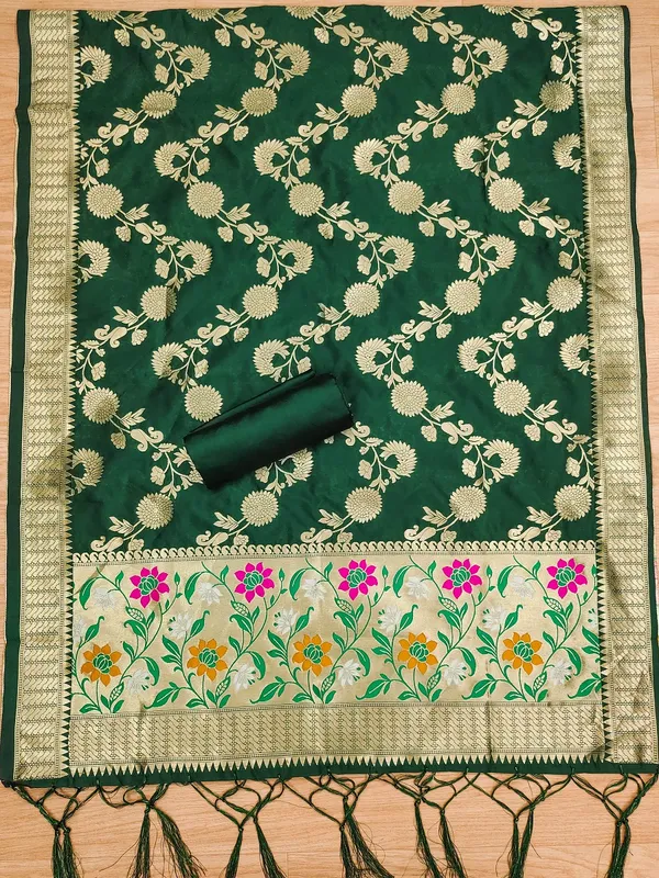 Bottle_Green_Soft_Litchi_Banarasi_Silk_Weaving_Unstitched_Kurta_Set_For_Women