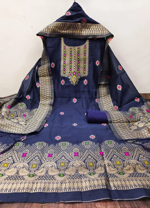 Navy_Blue_Chanderi_Banarasi_Cotton_Weaving_Unstitched_Kurta_Set_For_Women