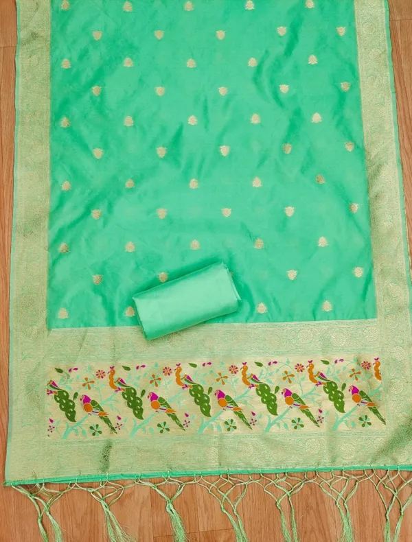 Sea_Green_Soft_Litchi_Banarasi_Silk_Weaving_Unstitched_Kurta_Set_For_Women