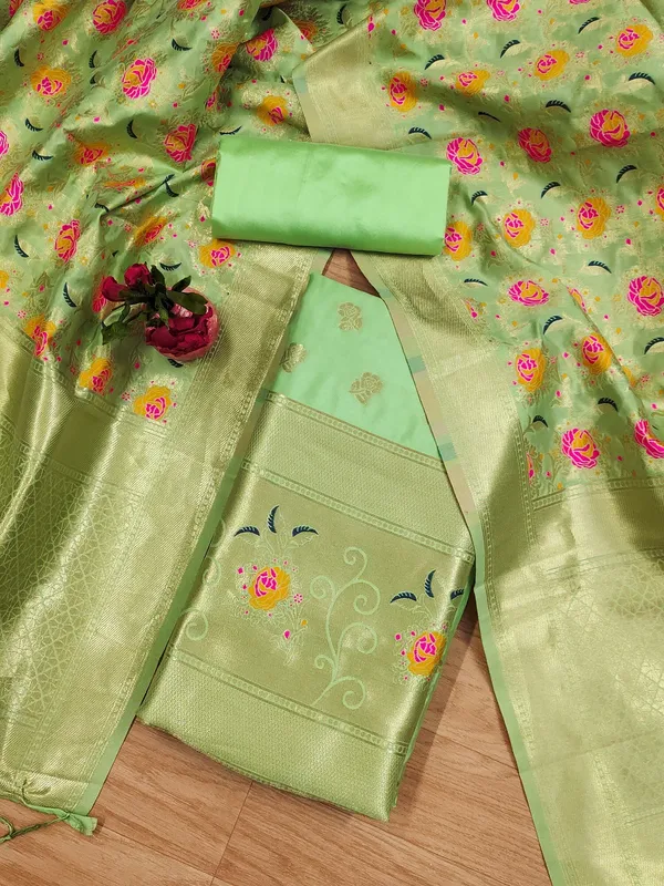 Pista_Soft_Litchi_Banarasi_Silk_Weaving_Unstitched_Kurta_Set_For_Women