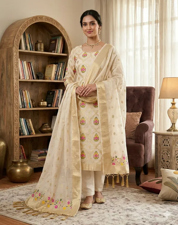 White_Chanderi_Banarasi_Cotton_Weaving_Unstitched_Kurta_Set_For_Women