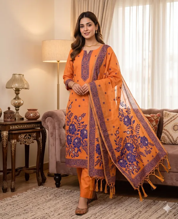 Orange_Jamdani_Banarasi_Cotton_Weaving_Unstitched_Kurta_Set_For_Women