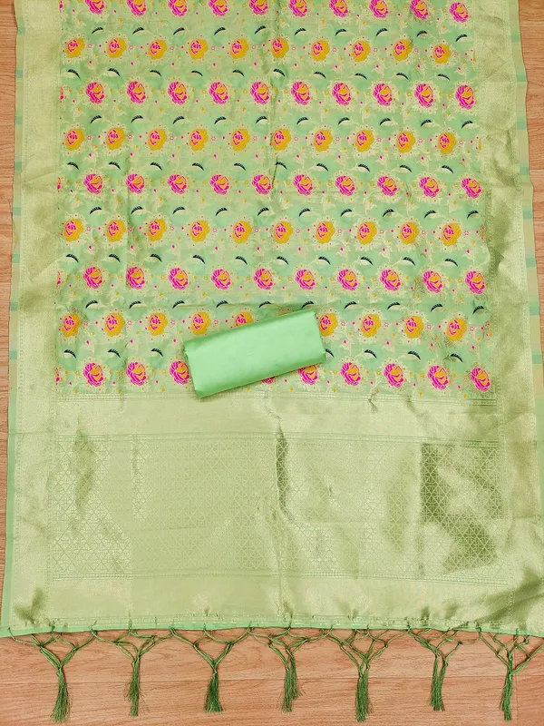 Pista_Soft_Litchi_Banarasi_Silk_Weaving_Unstitched_Kurta_Set_For_Women