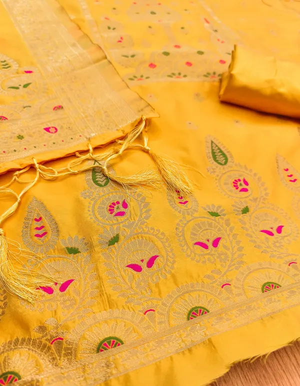 Yellow_Soft_Litchi_Banarasi_Silk_Weaving_Unstitched_Kurta_Set_For_Women