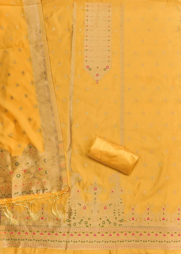 Yellow_Soft_Litchi_Banarasi_Silk_Weaving_Unstitched_Kurta_Set_For_Women