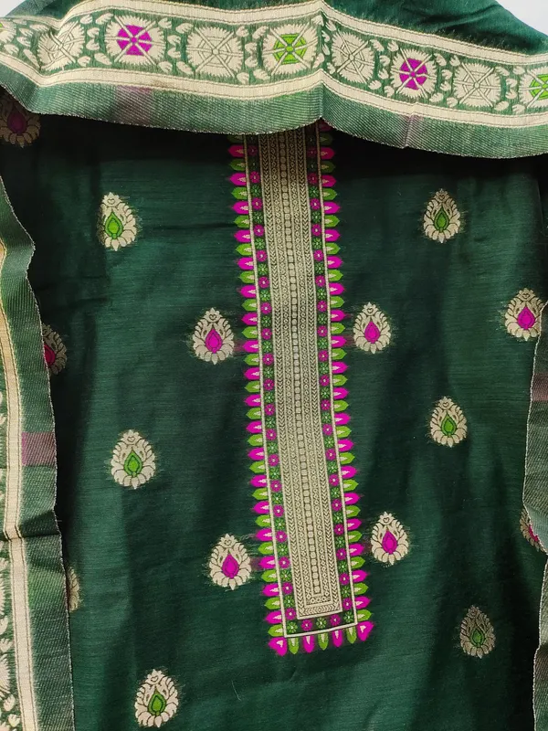 Bottle_Green_Chanderi_Banarasi_Cotton_Weaving_Unstitched_Kurta_Set_For_Women