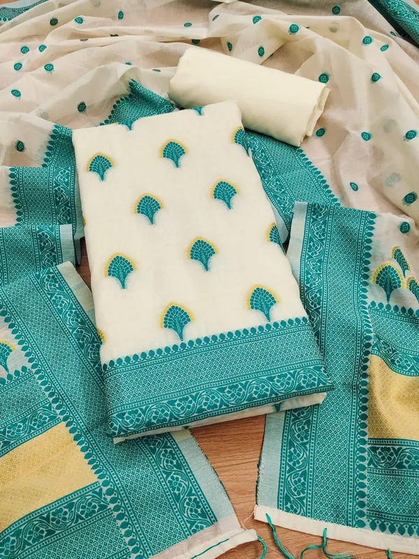 Teal_Handloom_Banarasi_Cotton_Weaving_Unstitched_Kurta_Set_For_Women