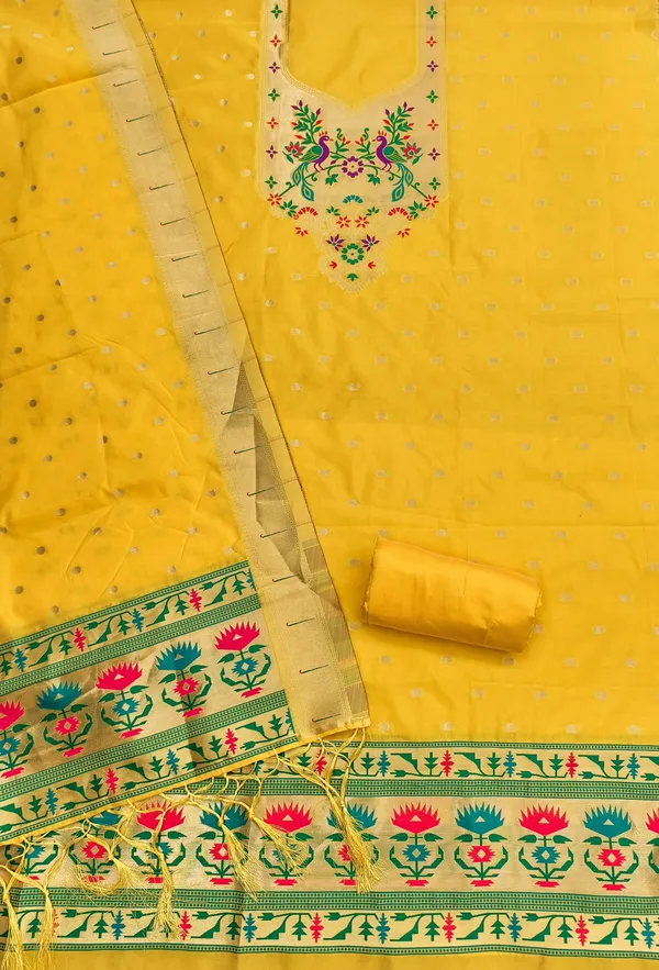 Yellow_Soft_Litchi_Banarasi_Silk_Weaving_Unstitched_Kurta_Set_For_Women