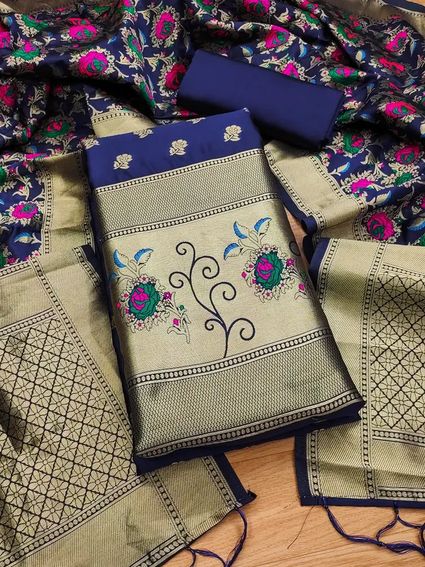 Navy_Blue_Soft_Litchi_Banarasi_Silk_Weaving_Unstitched_Kurta_Set_For_Women