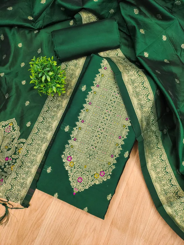 Bottle_Green_Soft_Litchi_Banarasi_Silk_Weaving_Unstitched_Kurta_Set_For_Women