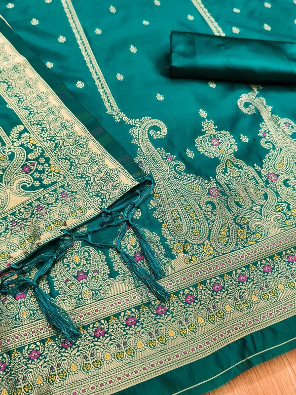 Teal_Soft_Litchi_Banarasi_Silk_Weaving_Unstitched_Kurta_Set_For_Women