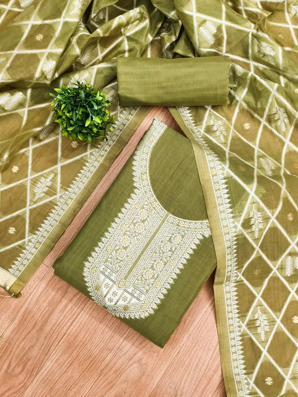 Mehendi_Jamdani_Banarasi_Cotton_Weaving_Unstitched_Kurta_Set_For_Women
