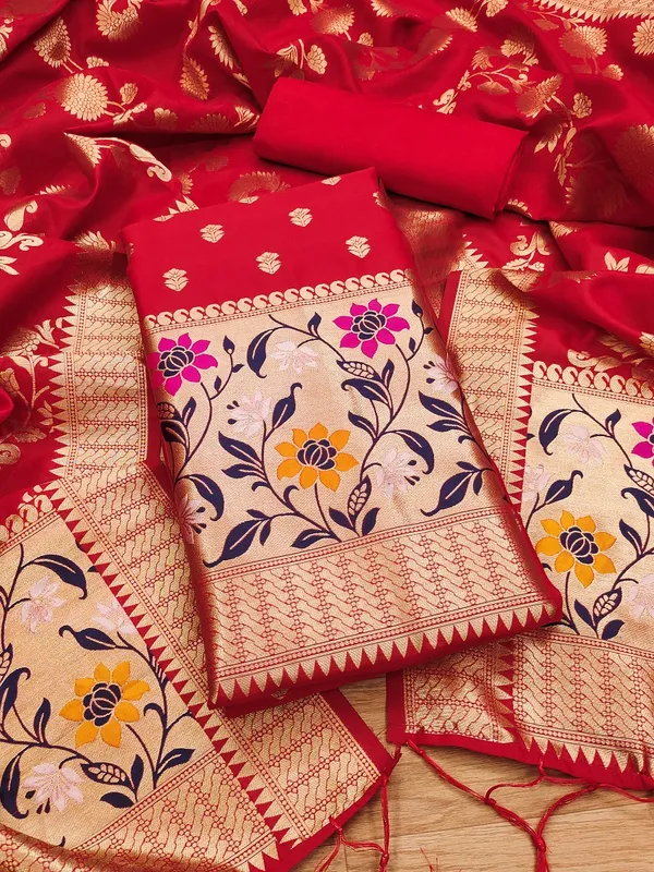 Red_Soft_Litchi_Banarasi_Silk_Weaving_Unstitched_Kurta_Set_For_Women