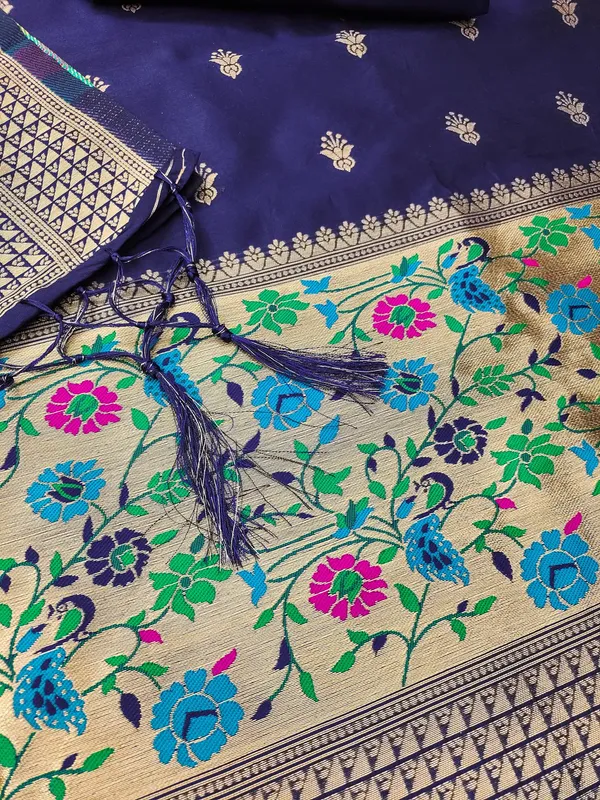 Navy_Blue_Soft_Litchi_Banarasi_Silk_Weaving_Unstitched_Kurta_Set_For_Women