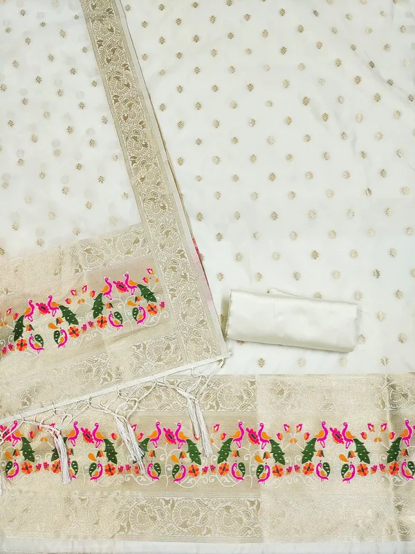 White_Soft_Litchi_Banarasi_Silk_Weaving_Unstitched_Kurta_Set_For_Women