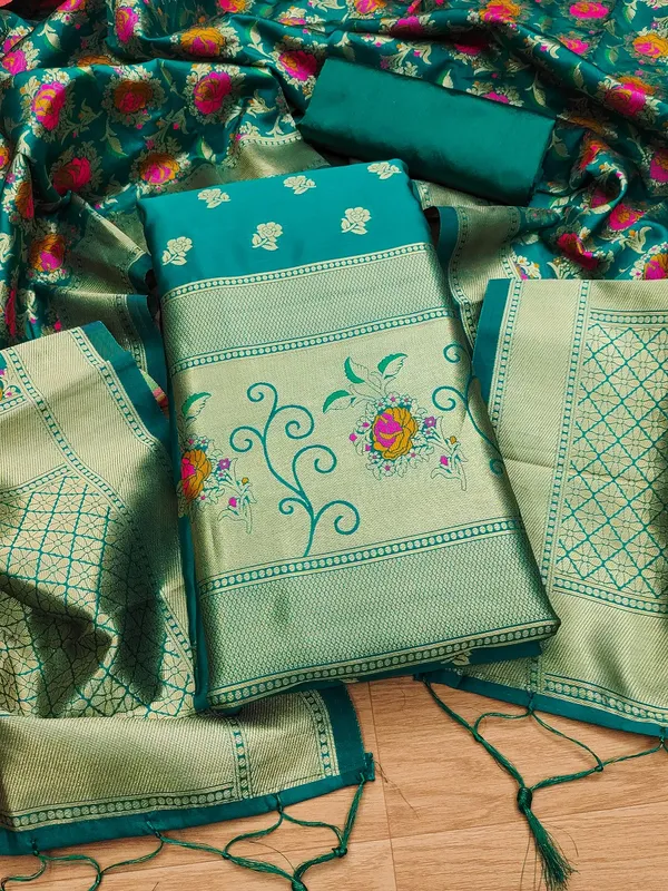 Rama_Green_Soft_Litchi_Banarasi_Silk_Weaving_Unstitched_Kurta_Set_For_Women