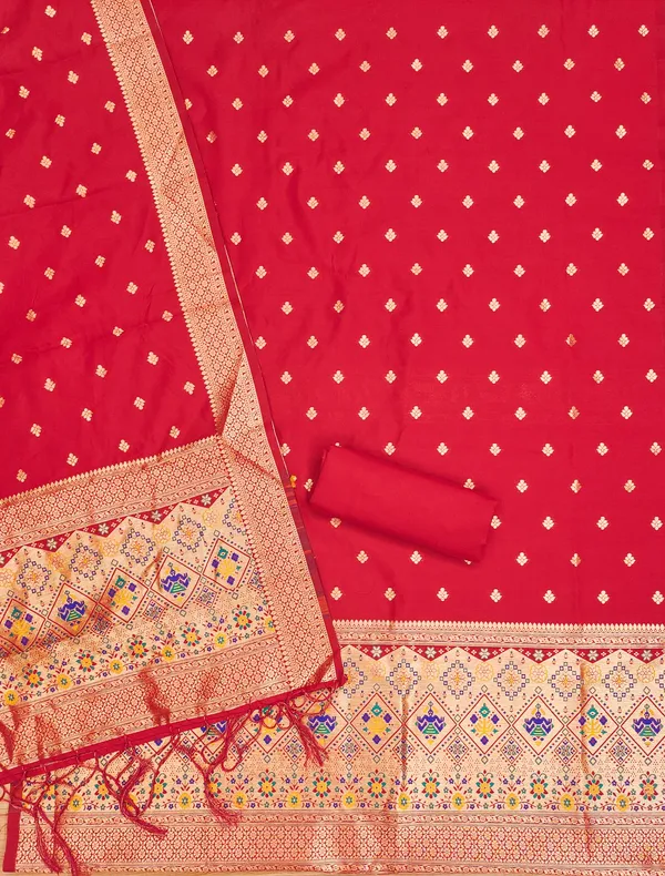 Red_Soft_Litchi_Banarasi_Silk_Weaving_Unstitched_Kurta_Set_For_Women