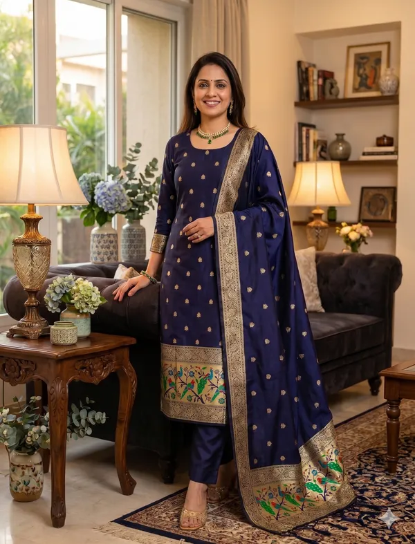 Navy_Blue_Soft_Litchi_Banarasi_Silk_Weaving_Unstitched_Kurta_Set_For_Women