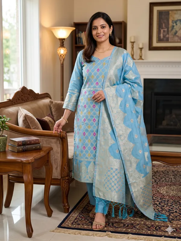 Sky_Blue_Chanderi_Banarasi_Cotton_Weaving_Unstitched_Kurta_Set_For_Women