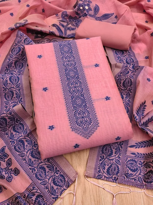 Pink_Jamdani_Banarasi_Cotton_Weaving_Unstitched_Kurta_Set_For_Women