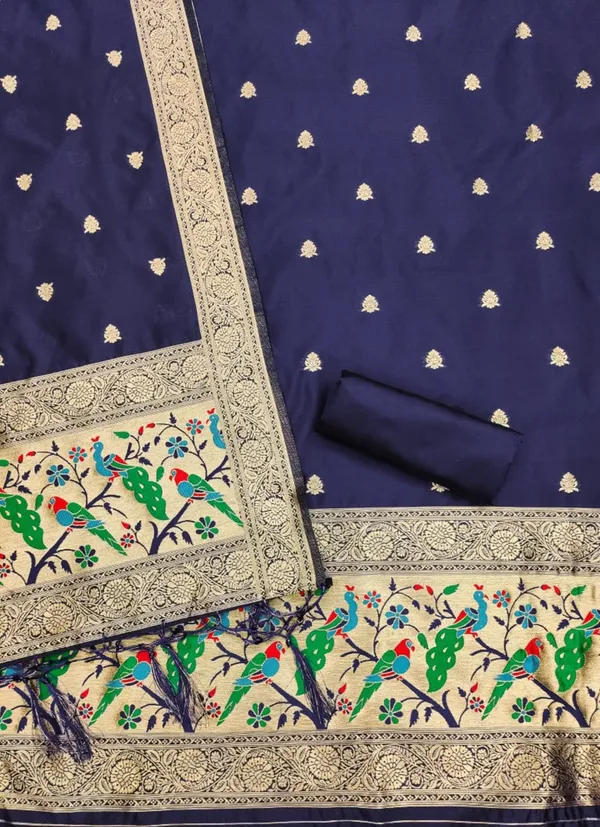 Navy_Blue_Soft_Litchi_Banarasi_Silk_Weaving_Unstitched_Kurta_Set_For_Women