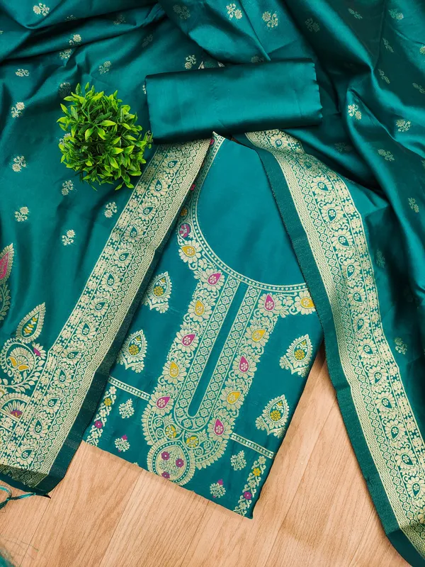 Teal_Soft_Litchi_Banarasi_Silk_Weaving_Unstitched_Kurta_Set_For_Women