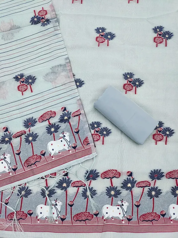 Grey_Muga_Banarasi_Cotton_Weaving_Unstitched_Kurta_Set_For_Women