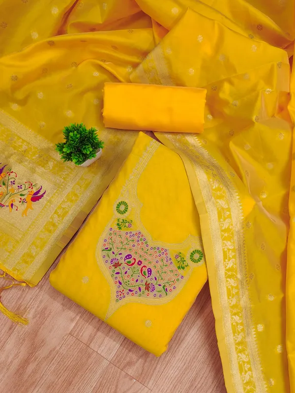 Yellow_Soft_Litchi_Banarasi_Silk_Weaving_Unstitched_Kurta_Set_For_Women