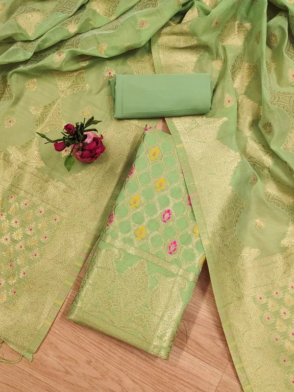 Pista_Chanderi_Banarasi_Cotton_Weaving_Unstitched_Kurta_Set_For_Women
