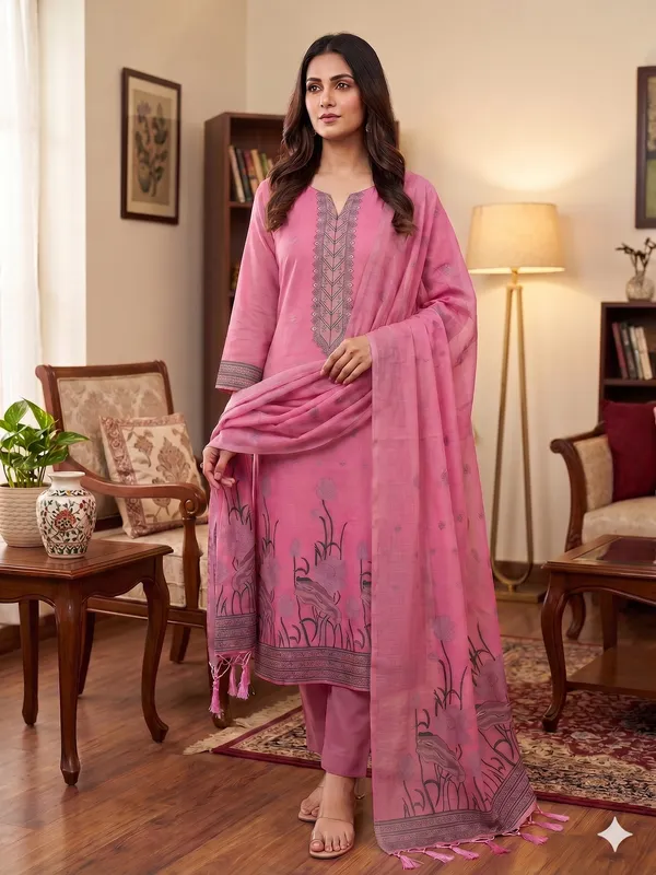 Pink_Muga_Banarasi_Cotton_Weaving_Unstitched_Kurta_Set_For_Women