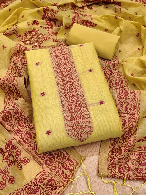 Yellow_Jamdani_Banarasi_Cotton_Weaving_Unstitched_Kurta_Set_For_Women