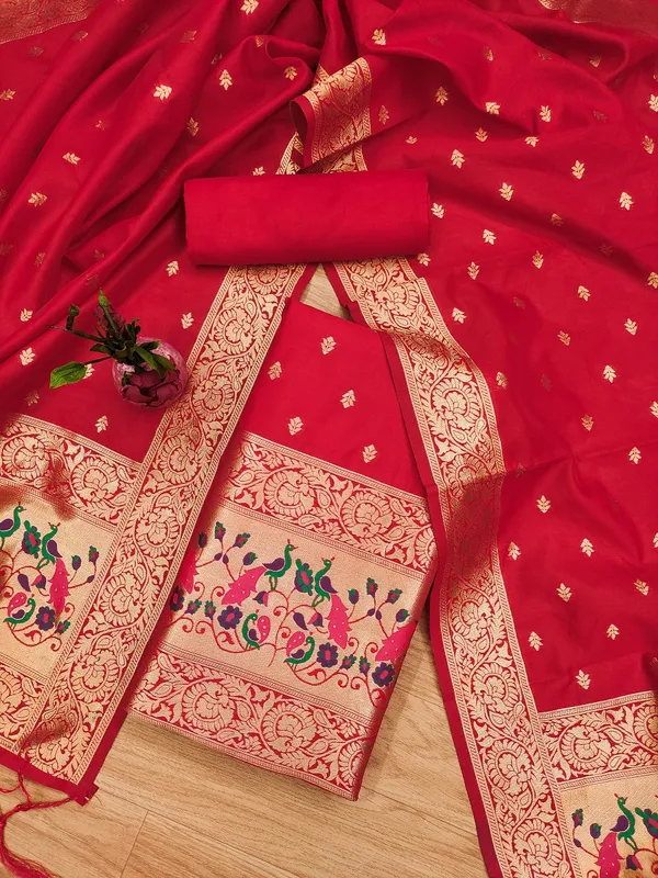 Red_Soft_Litchi_Banarasi_Silk_Weaving_Unstitched_Kurta_Set_For_Women