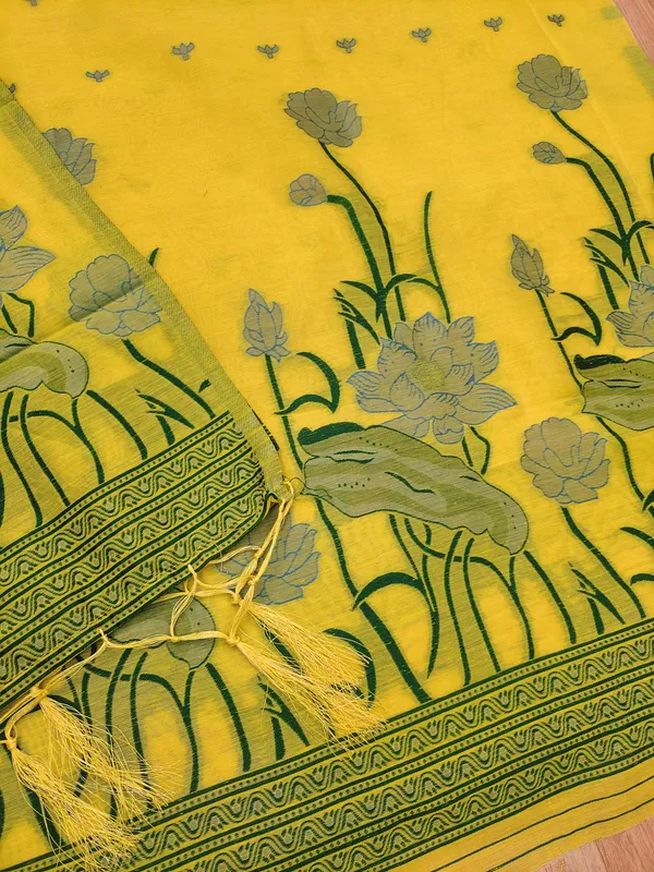 Yellow_Muga_Banarasi_Cotton_Weaving_Unstitched_Kurta_Set_For_Women