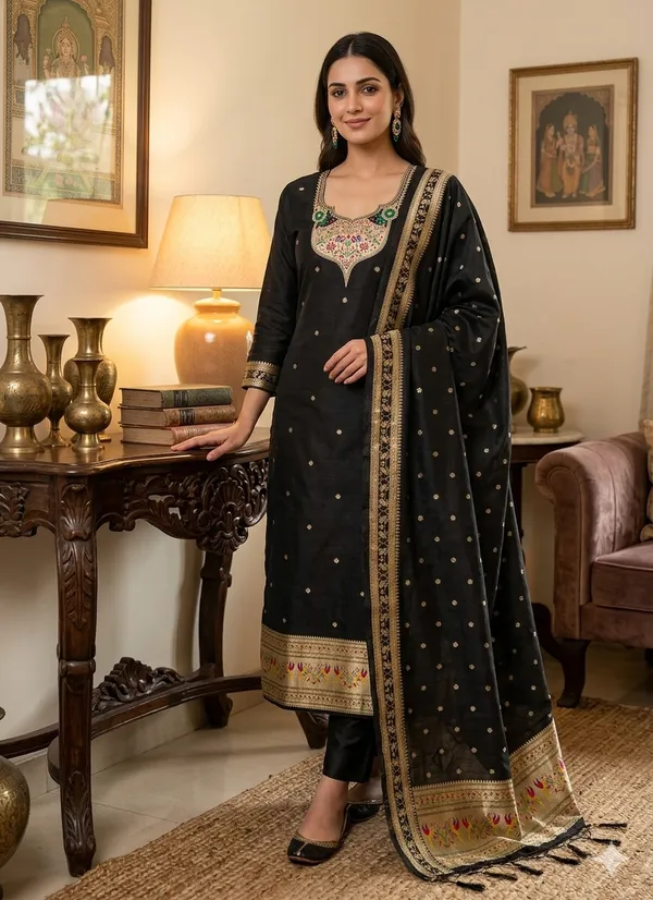 Black_Soft_Litchi_Banarasi_Silk_Weaving_Unstitched_Kurta_Set_For_Women