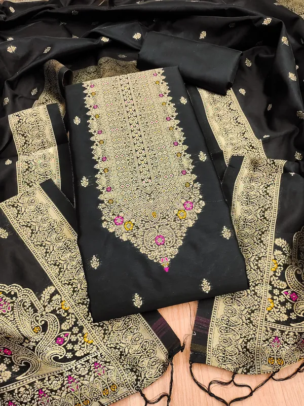 Black_Soft_Litchi_Banarasi_Silk_Weaving_Unstitched_Kurta_Set_For_Women