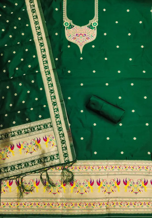 Bottle_Green_Soft_Litchi_Banarasi_Silk_Weaving_Unstitched_Kurta_Set_For_Women