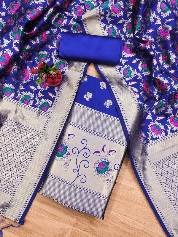 Royal_Blue_Soft_Litchi_Banarasi_Silk_Weaving_Unstitched_Kurta_Set_For_Women