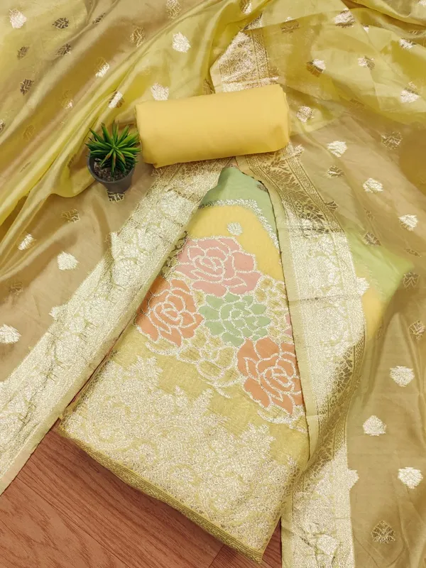 Yellow_Organza_Banarasi_Silk_Weaving_Unstitched_Kurta_Set_For_Women