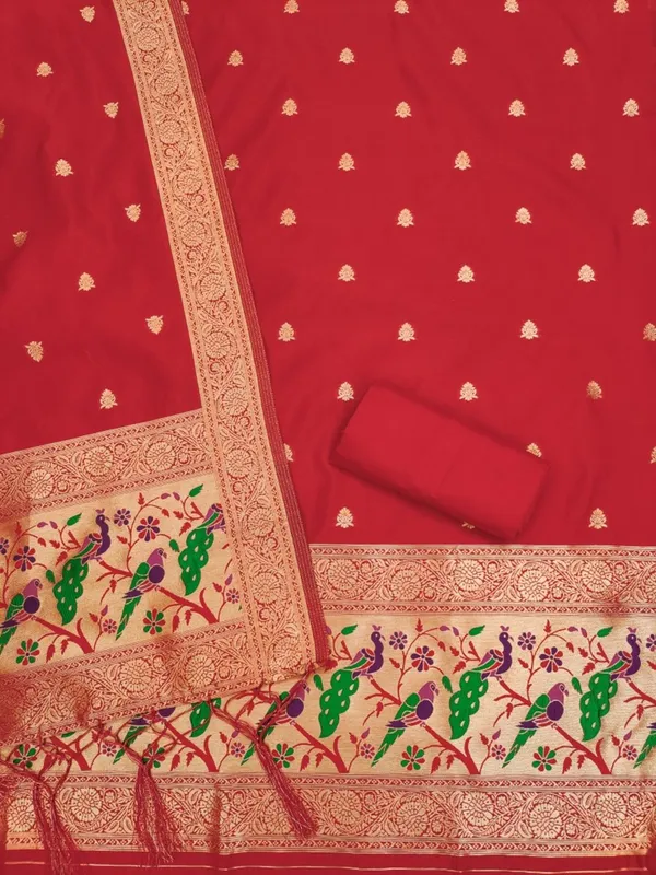 Red_Soft_Litchi_Banarasi_Silk_Weaving_Unstitched_Kurta_Set_For_Women