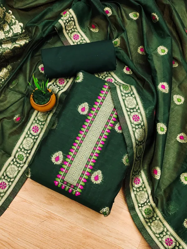 Bottle_Green_Chanderi_Banarasi_Cotton_Weaving_Unstitched_Kurta_Set_For_Women