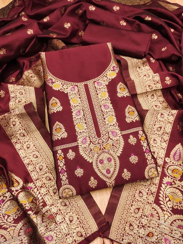 Maroon_Soft_Litchi_Banarasi_Silk_Weaving_Unstitched_Kurta_Set_For_Women