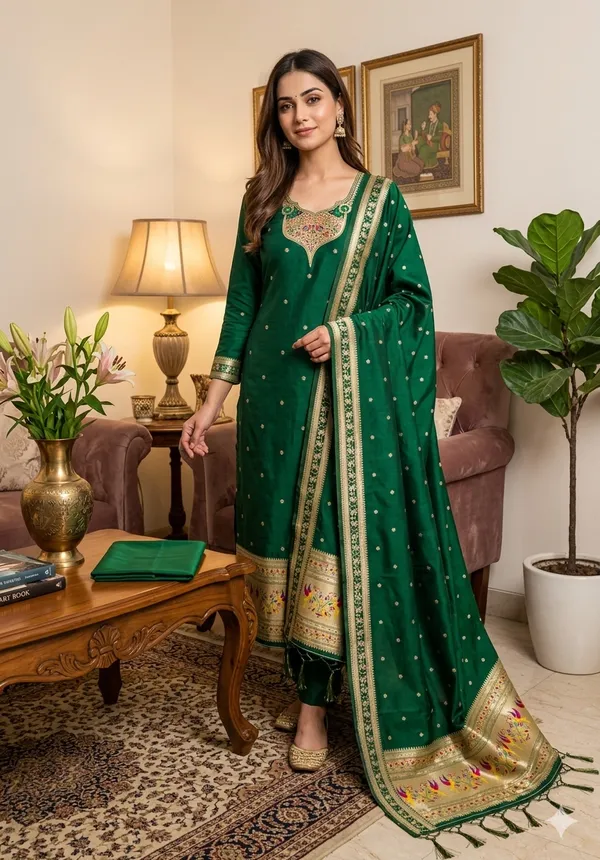 Bottle_Green_Soft_Litchi_Banarasi_Silk_Weaving_Unstitched_Kurta_Set_For_Women