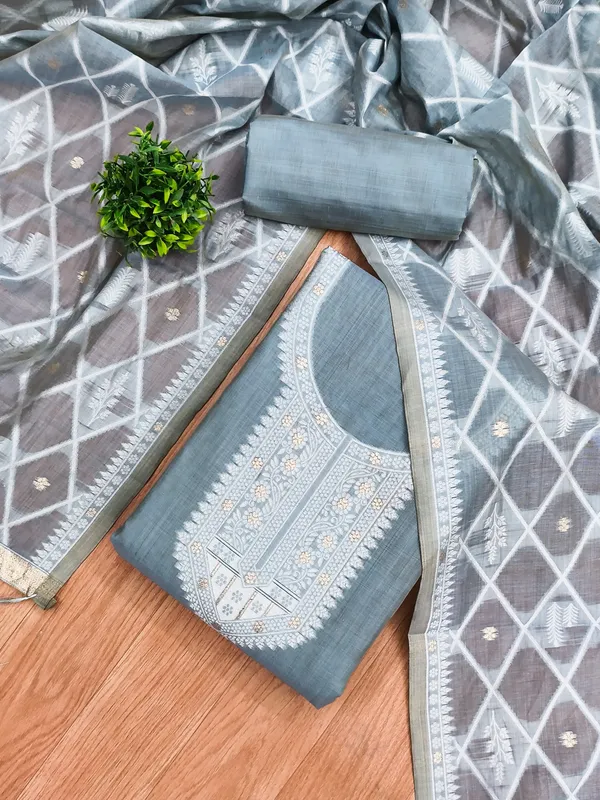 Grey_Jamdani_Banarasi_Cotton_Weaving_Unstitched_Kurta_Set_For_Women