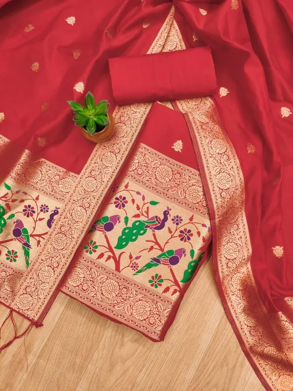 Red_Soft_Litchi_Banarasi_Silk_Weaving_Unstitched_Kurta_Set_For_Women