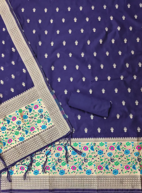 Navy_Blue_Soft_Litchi_Banarasi_Silk_Weaving_Unstitched_Kurta_Set_For_Women